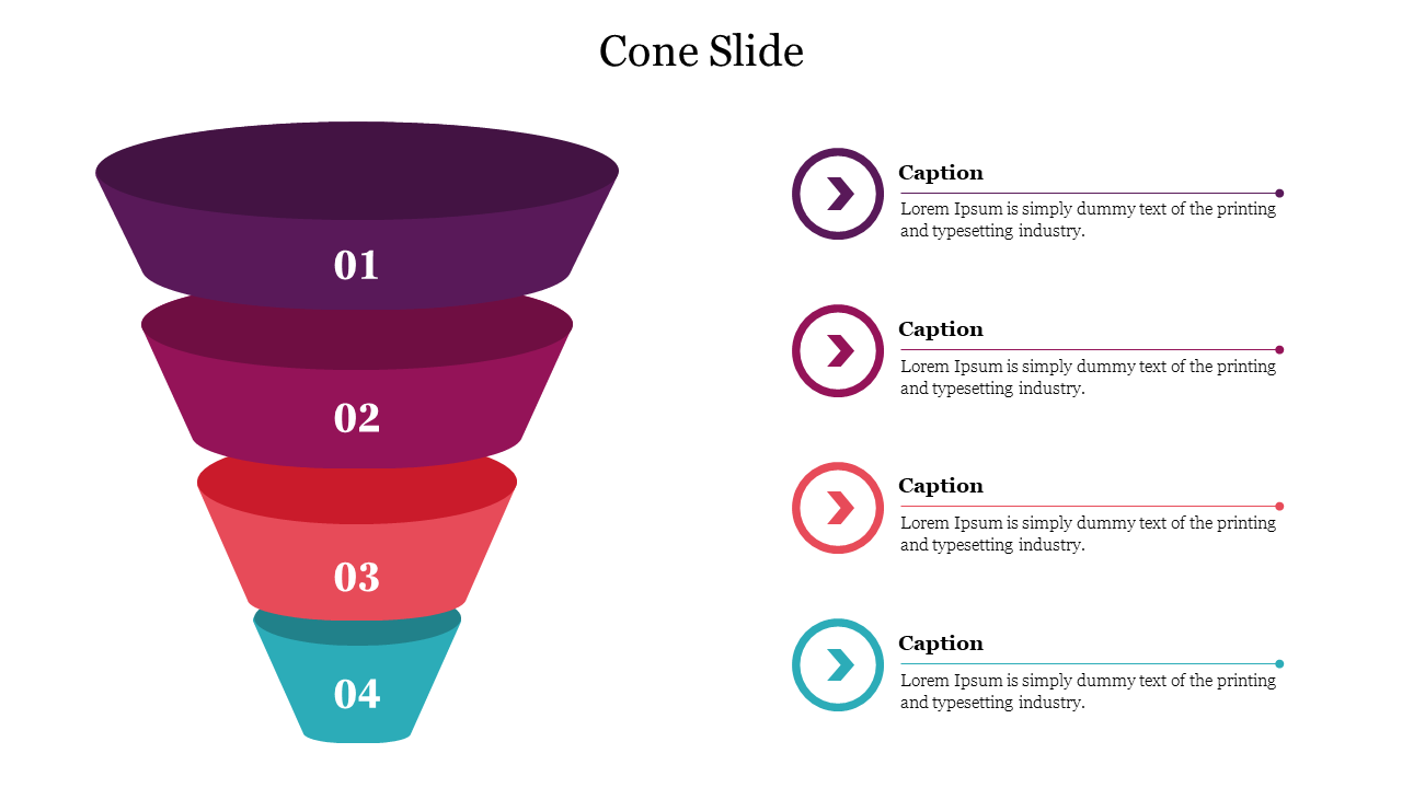 Cone slide diagram with four colored sections, each labeled from 01 to 04, with accompanying captions for content.