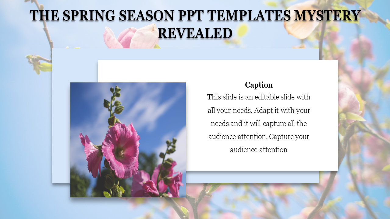 A vibrant slide showcasing spring themed elements, featuring flowers and a bright sky with placeholder text.