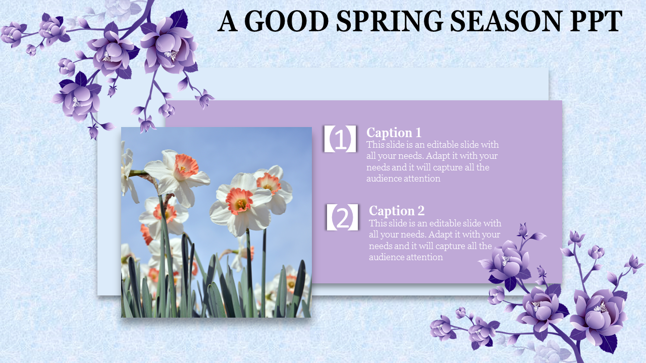 Spring themed slide with a photo of white daffodils against a blue sky, surrounded by purple floral decorations.