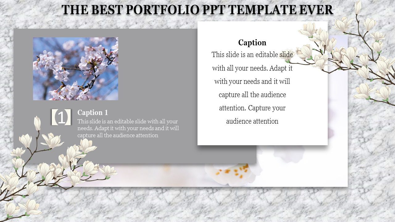 Slide with a marble textured background, showing a cherry blossom photo, and white floral decorations framing caption areas.