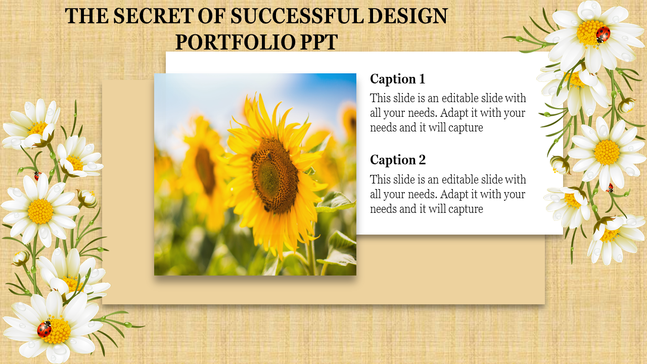 Portfolio design template with a picture of sunflowers and flower accents, with caption text boxes.