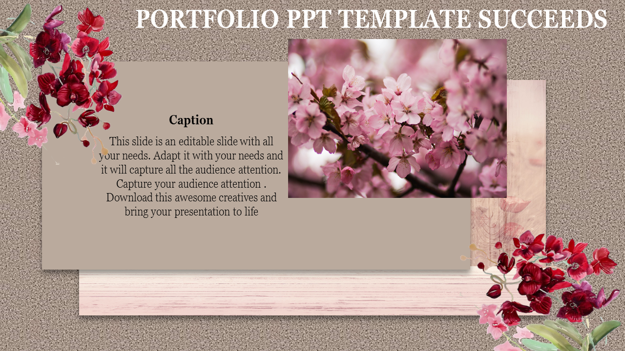 Portfolio slide with a beige background, featuring a photo of pink cherry blossoms, and decorative red floral accents.