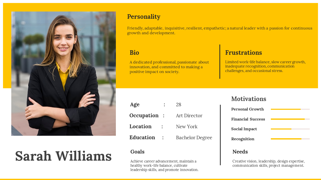 Yellow and white portfolio slide with a photo of a woman in a black blazer and text on personality, bio, and details.