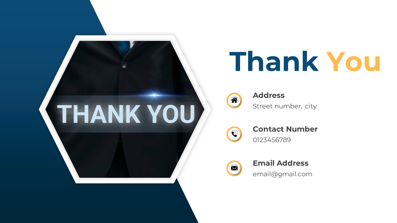 Thank you slide with a hexagon image of a person in a suit displaying the title with alongside holding contact details.