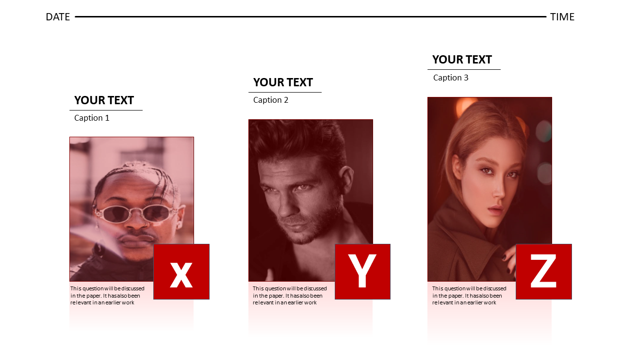 Portfolio slide with three vertical sections featuring photos of models, captions, and bold red icons labeled X, Y, and Z.