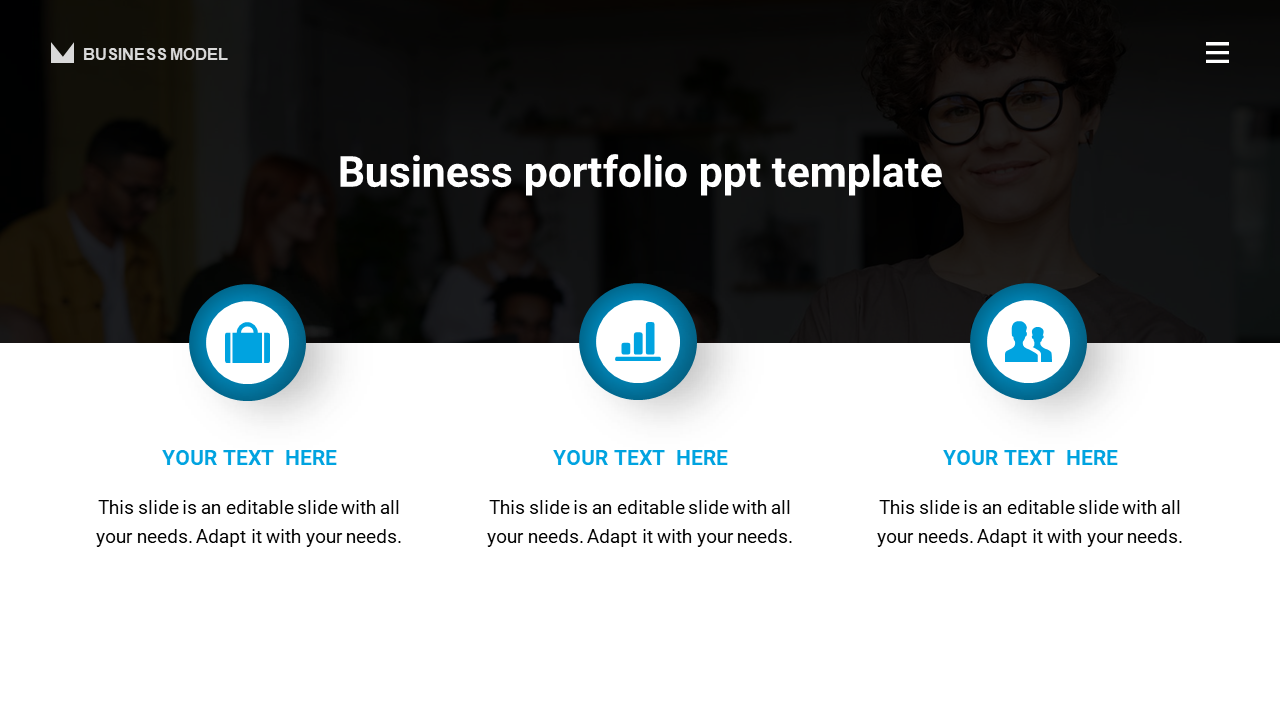 A portfolio template featuring three blue circular icons representing business concepts, each with placeholder text.