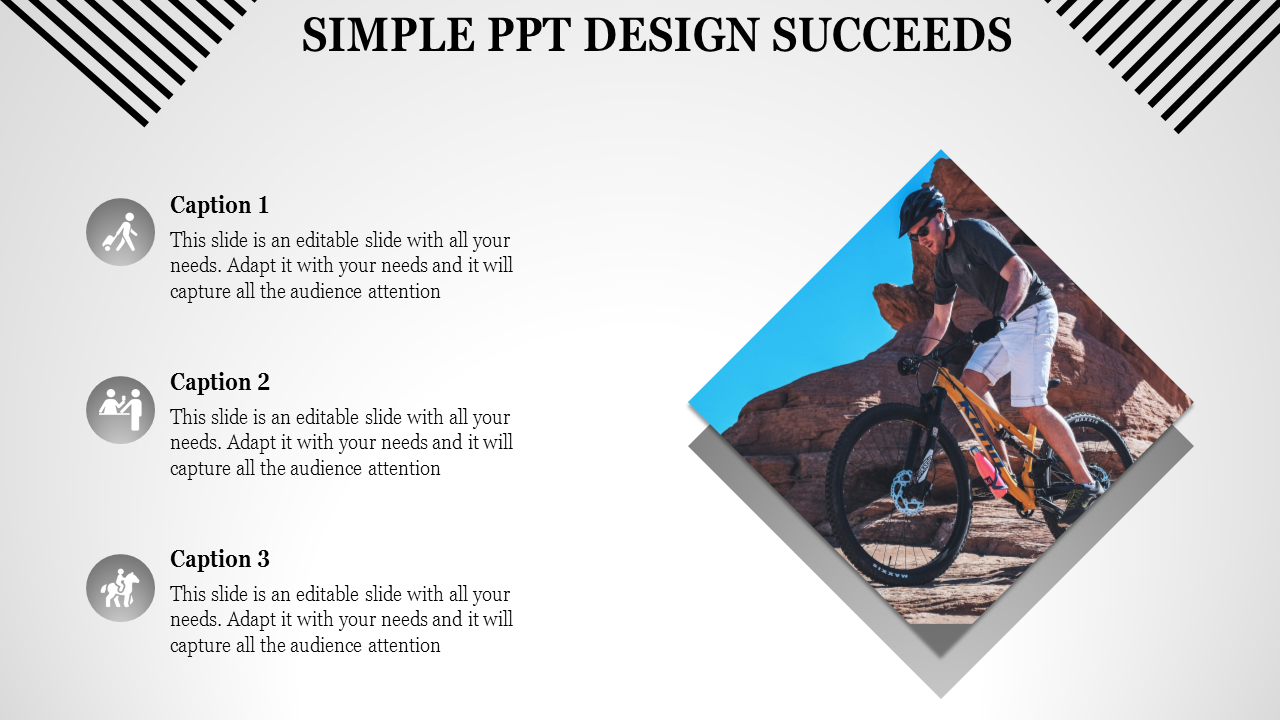 Slide featuring black and white striped corners with three captioned icons and a photo of a cyclist in diamond frame.