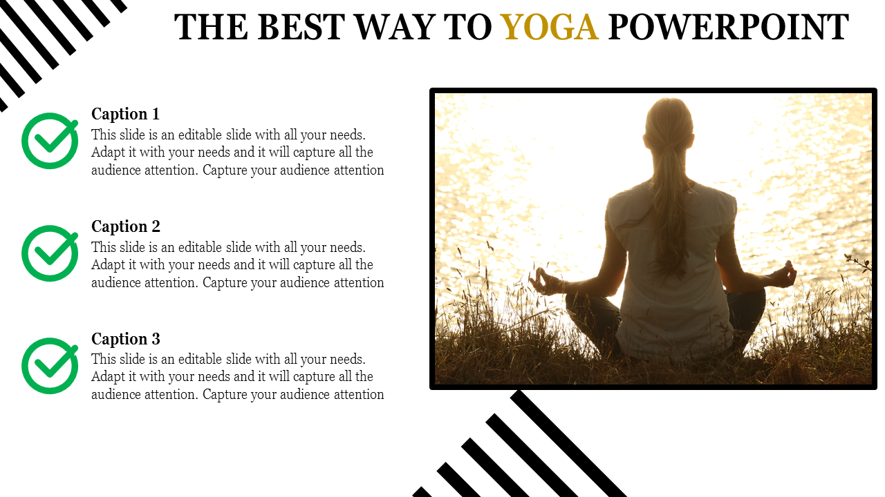 Yoga PowerPoint template featuring a person meditating outdoors, with three caption sections marked by checkmarks.