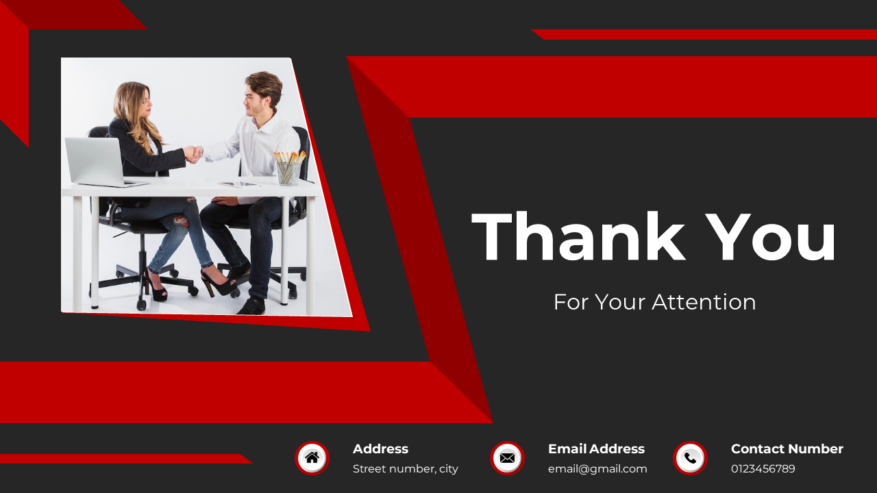 Thank you slide with a handshake image framed in red and black, with contact details in icons at the bottom.