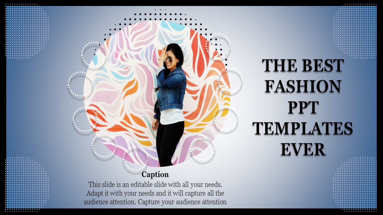 Fashion PowerPoint template with a vibrant model photo and a colorful abstract background.