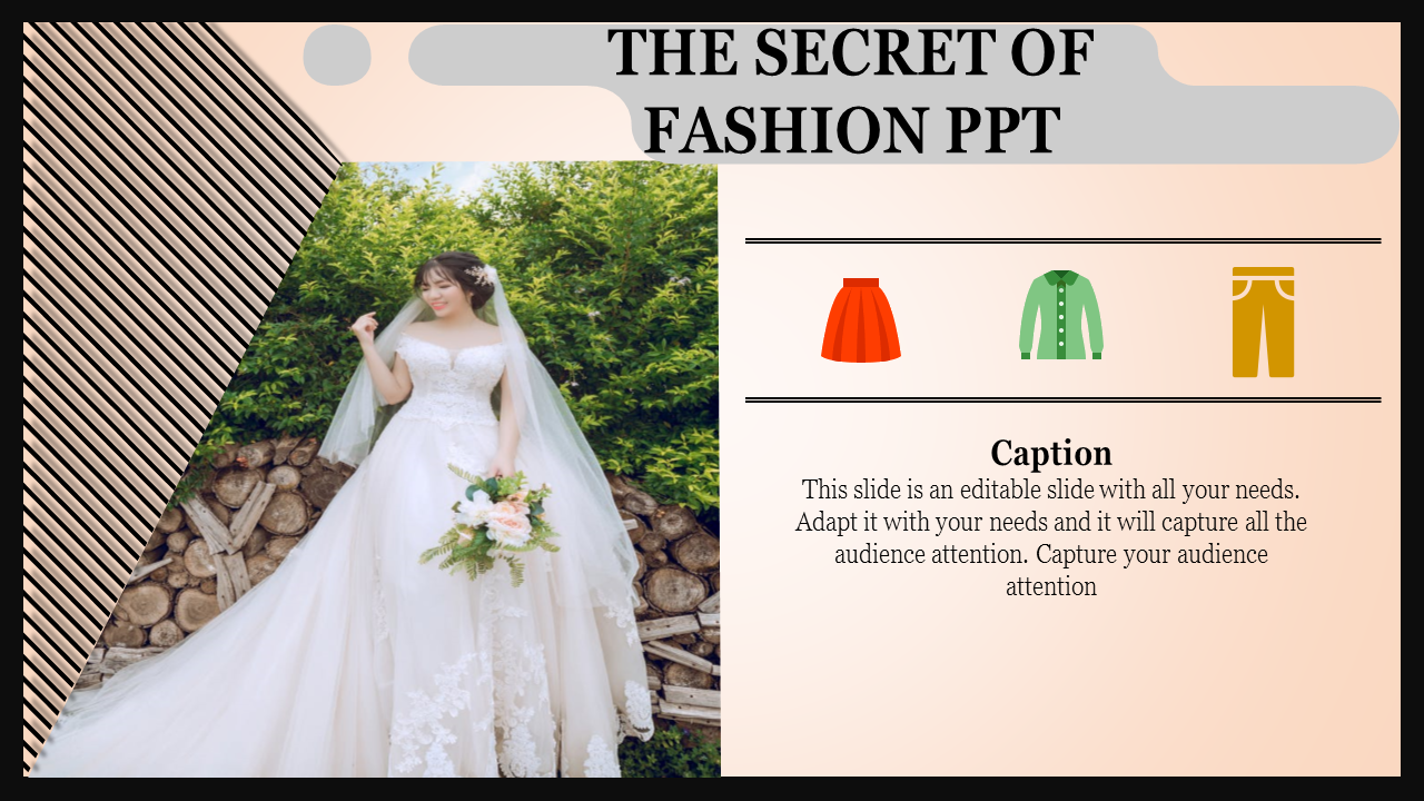 Fashion slide features a bride in a white gown and icons of clothing items like a skirt, jacket, and pants.