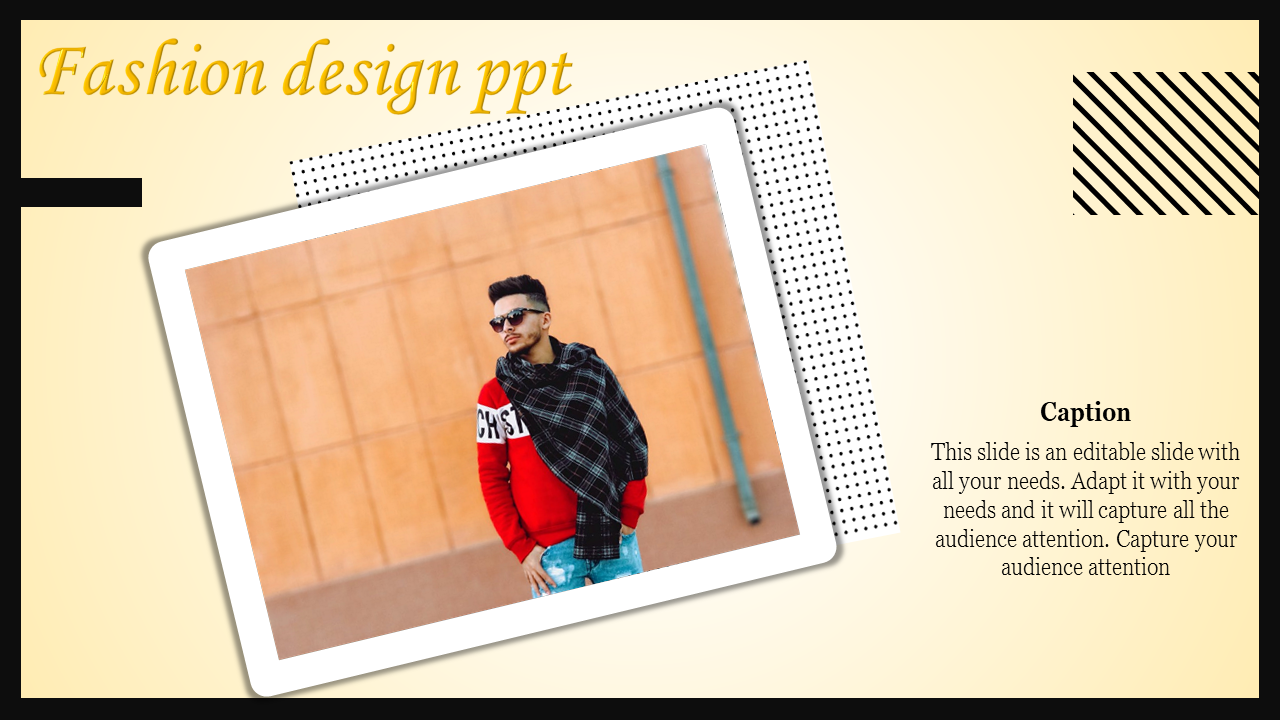 Fashion design slide with an image of a man in stylish clothing, a bold caption, and a modern dotted design on the side.