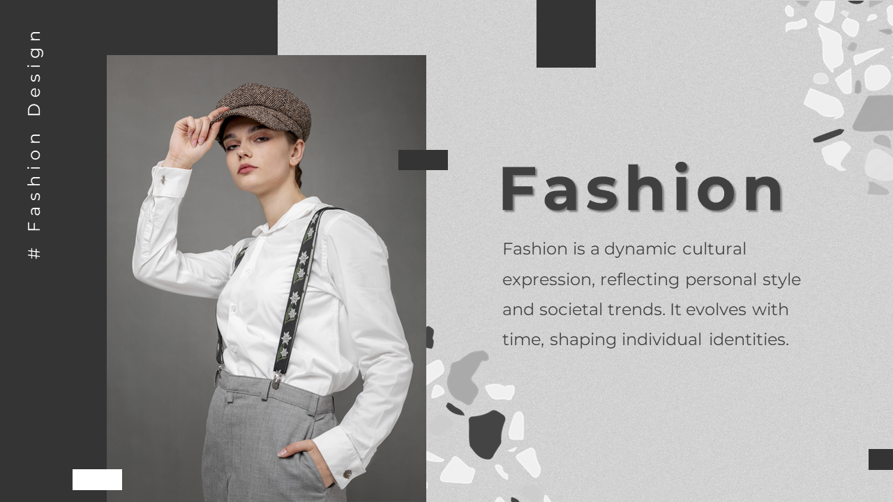 Fashion concept features a model in a stylish outfit, wearing a white shirt, grey trousers, and a brown cap.