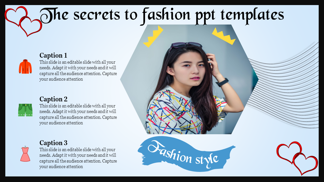 Fashion PowerPoint template featuring a stylish woman with outfit icons, such as a jacket, shorts, and dress with captions.