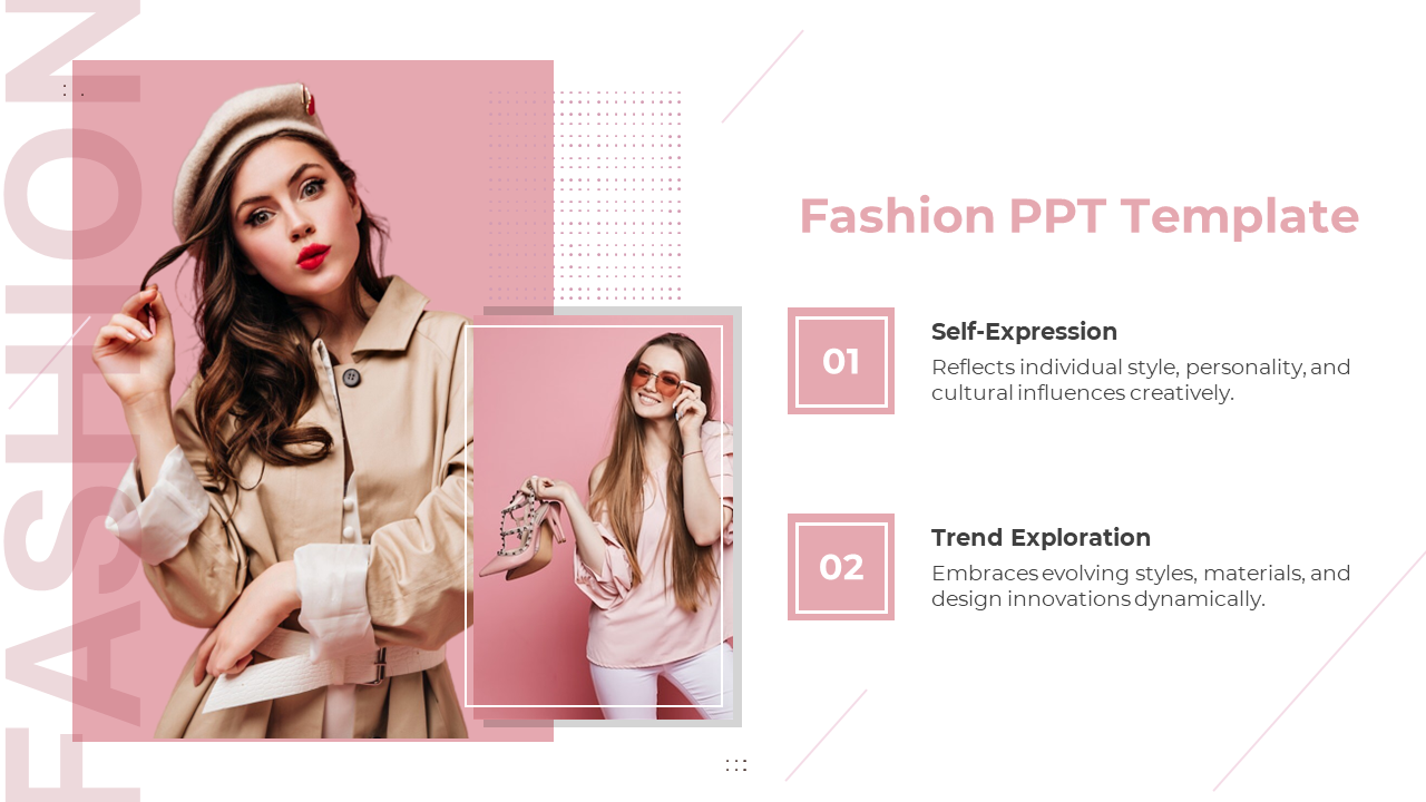 Fashion template with two images of women in trendy outfits, one showing a coat and the other with shoes and caption areas.