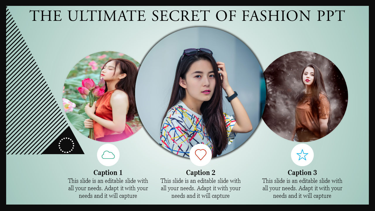 Fashion presentation template featuring three circular images with model portraits and captions.