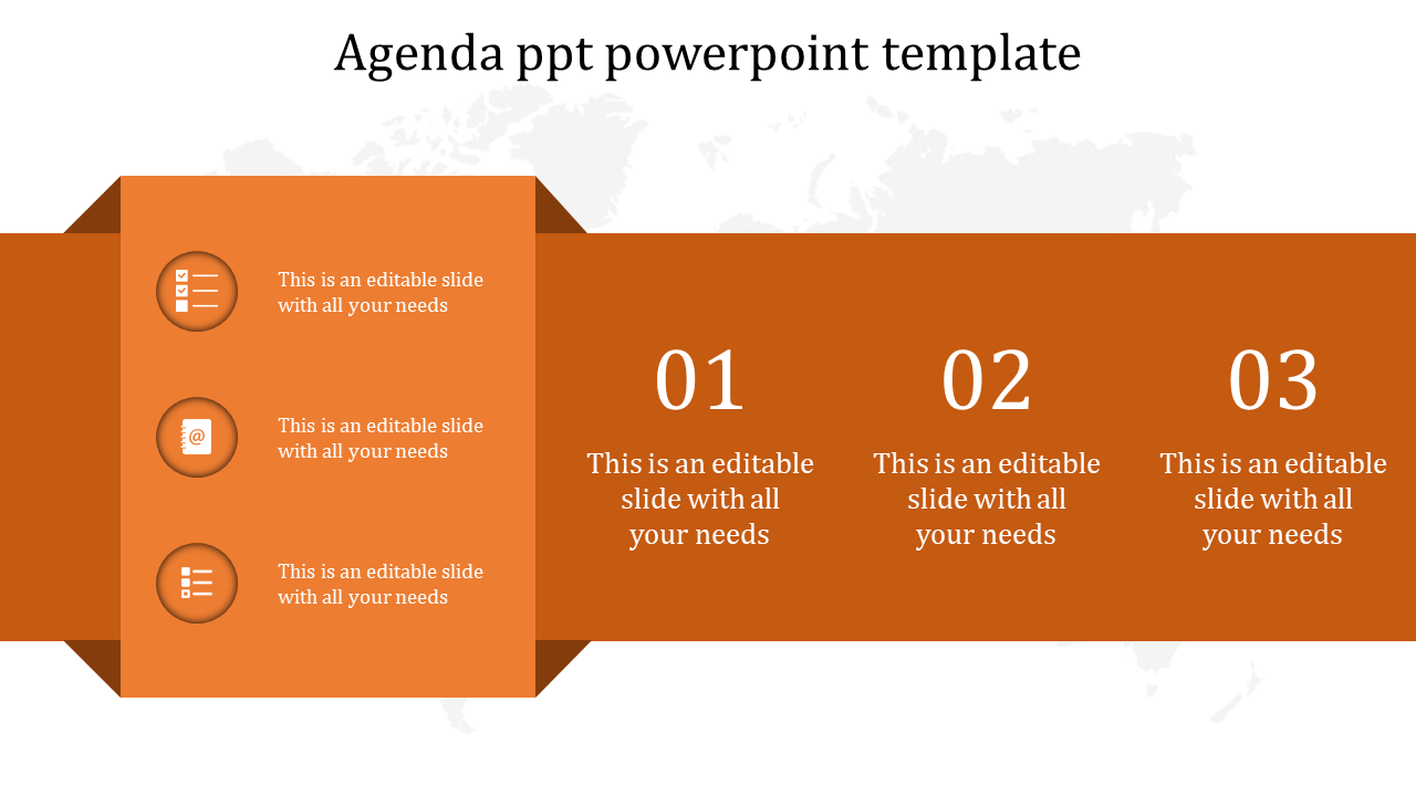 Orange layout with icons on the left and three bold numbered steps, 01 to 03, with descriptive captions on the right.