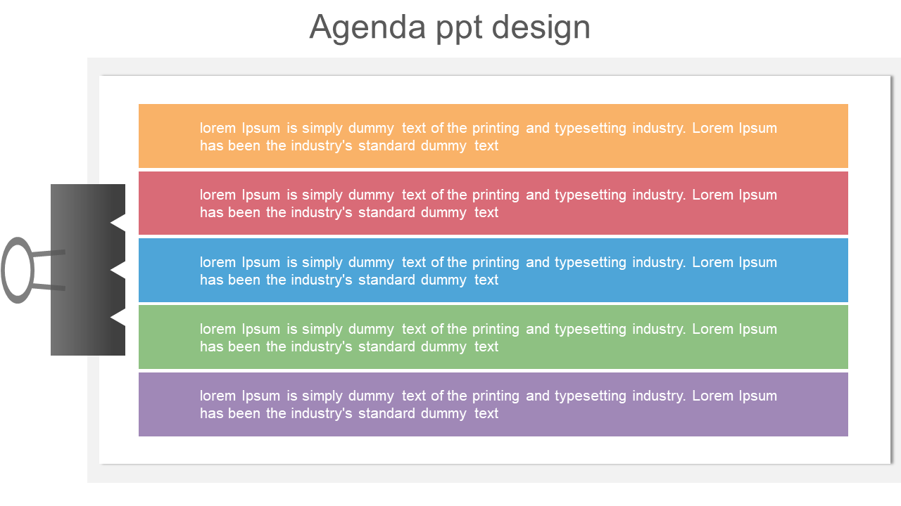 Agenda PowerPoint design slide with colorful sections and placeholder text.