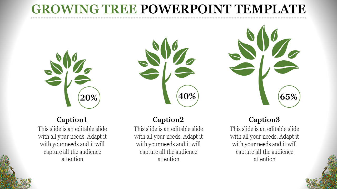 Growing tree slide with three larger tree icons, percentage labels, and space for captions describing each stage.