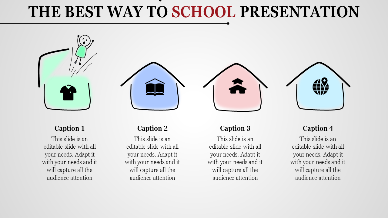 PowerPoint slide titled The Best Way to School Presentation with colorful icons for each caption.