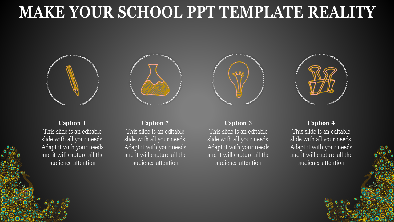 School themed slide with four icons representing learning tools and creative ideas, each with caption areas.