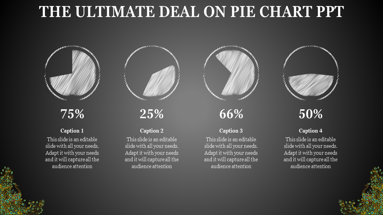 Dark themed layout featuring four pie charts with shaded segments, each displaying different percentages.