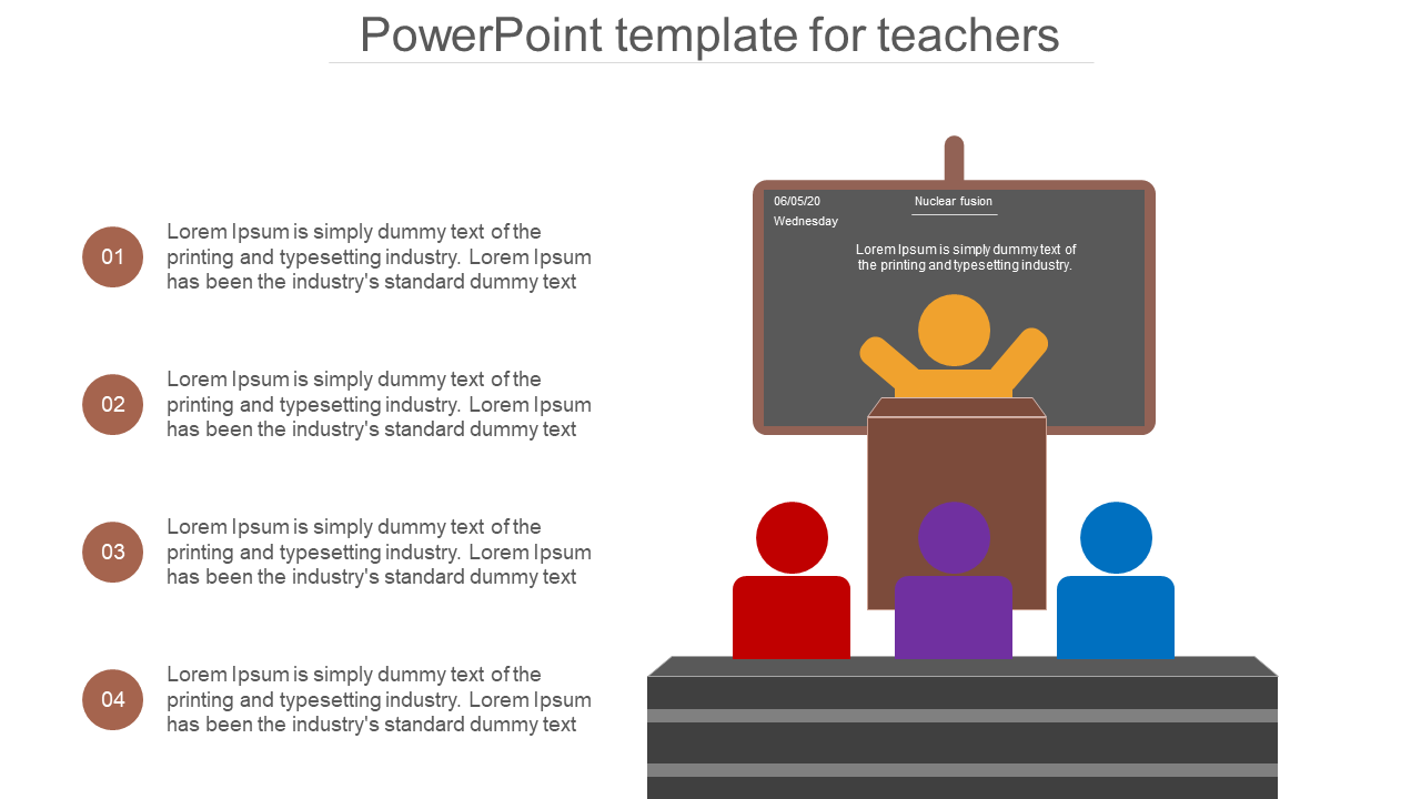 Classroom layout with a brown podium, orange presenter and blackboard, with four numbered steps and colorful audience icons.