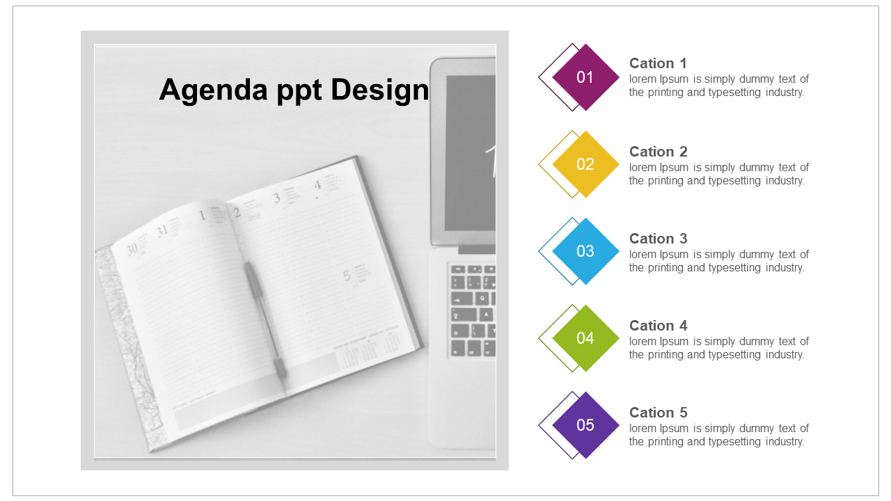 Slide with a grayscale image of a planner and laptop on the left and five colorful numbered captions on the right.