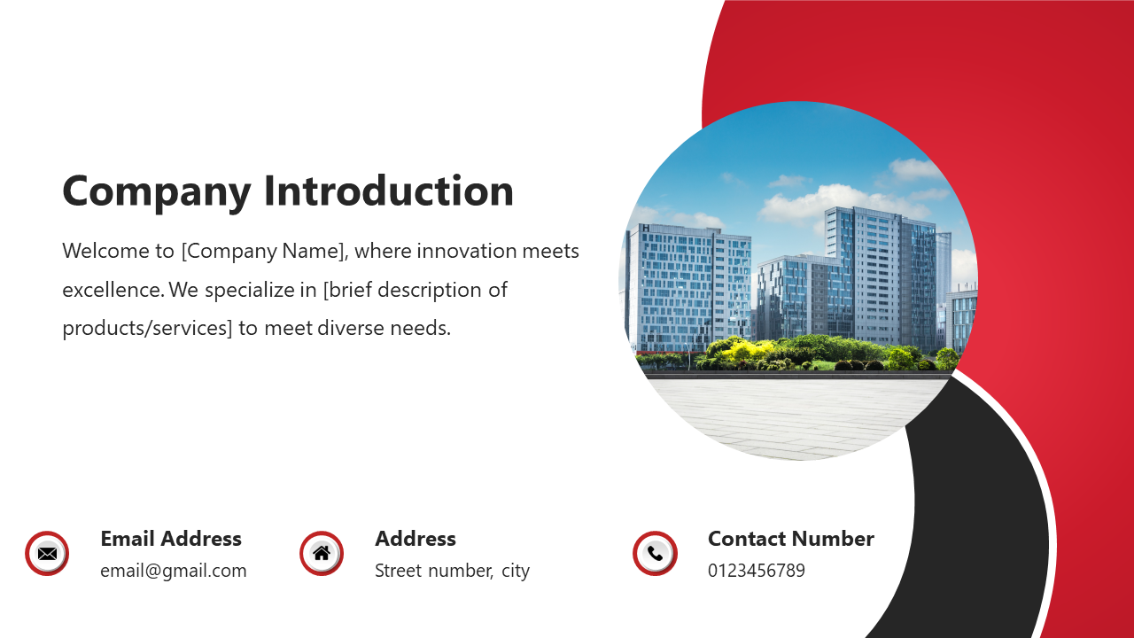 Company introduction slide featuring contact details, a placeholder for the description, and an image of office buildings.