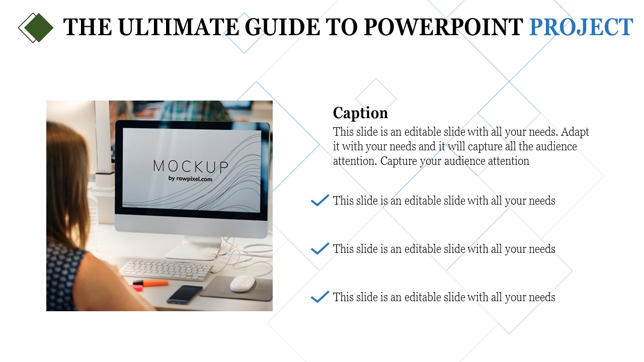 Template showcasing a mockup screen on a desk setup, alongside text boxes with captions and checkmark icons.