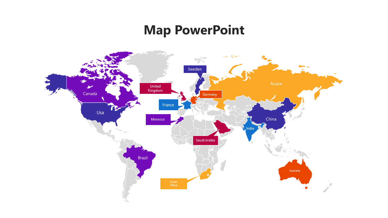 Colorful world map design featuring labeled regions in shades of purple, orange, red, and blue with country markers.