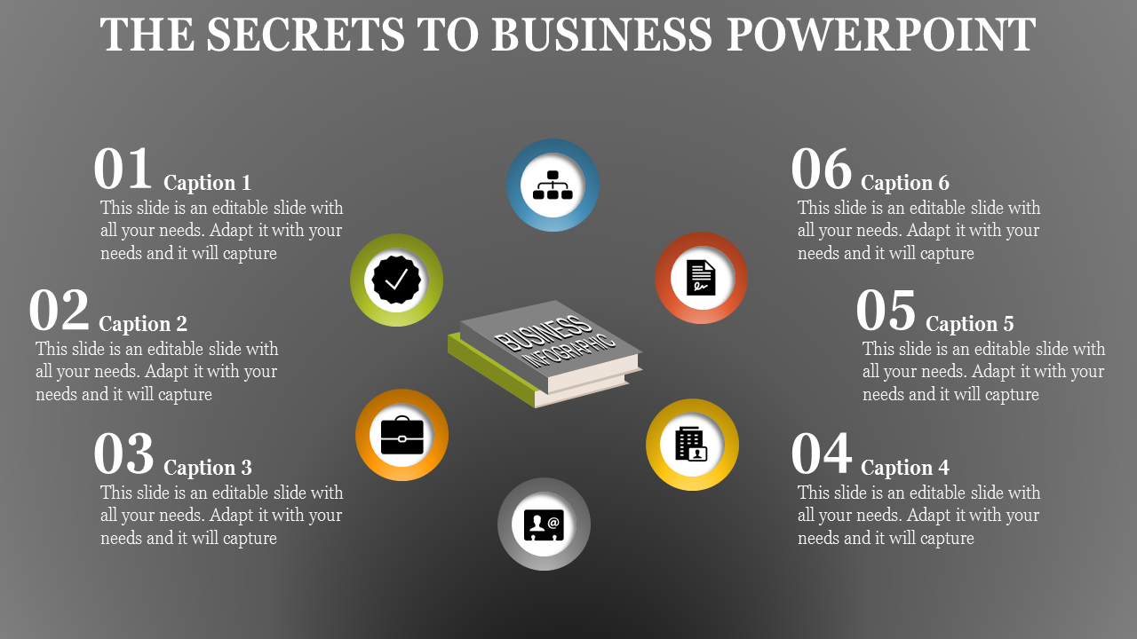 Business PowerPoint slide with colorful icons and a book graphic with captions and placeholder text.