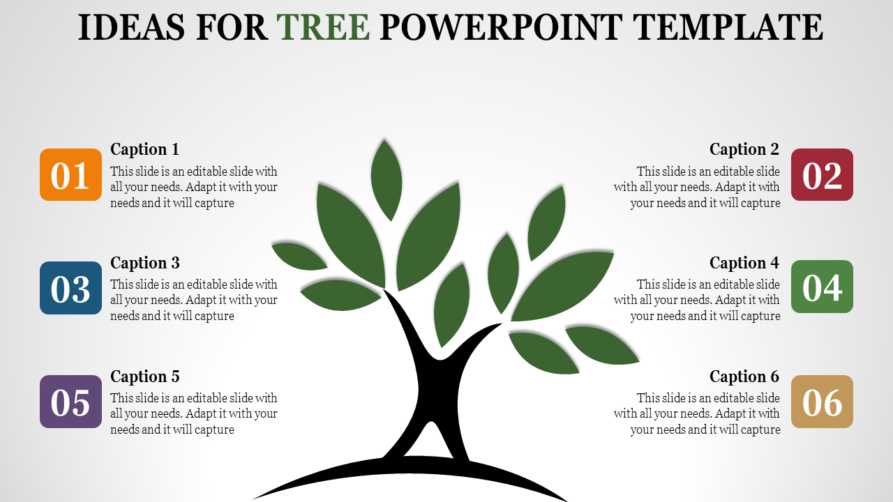 Tree PowerPoint template with a tree graphic and numbered sections with captions and placeholder text.