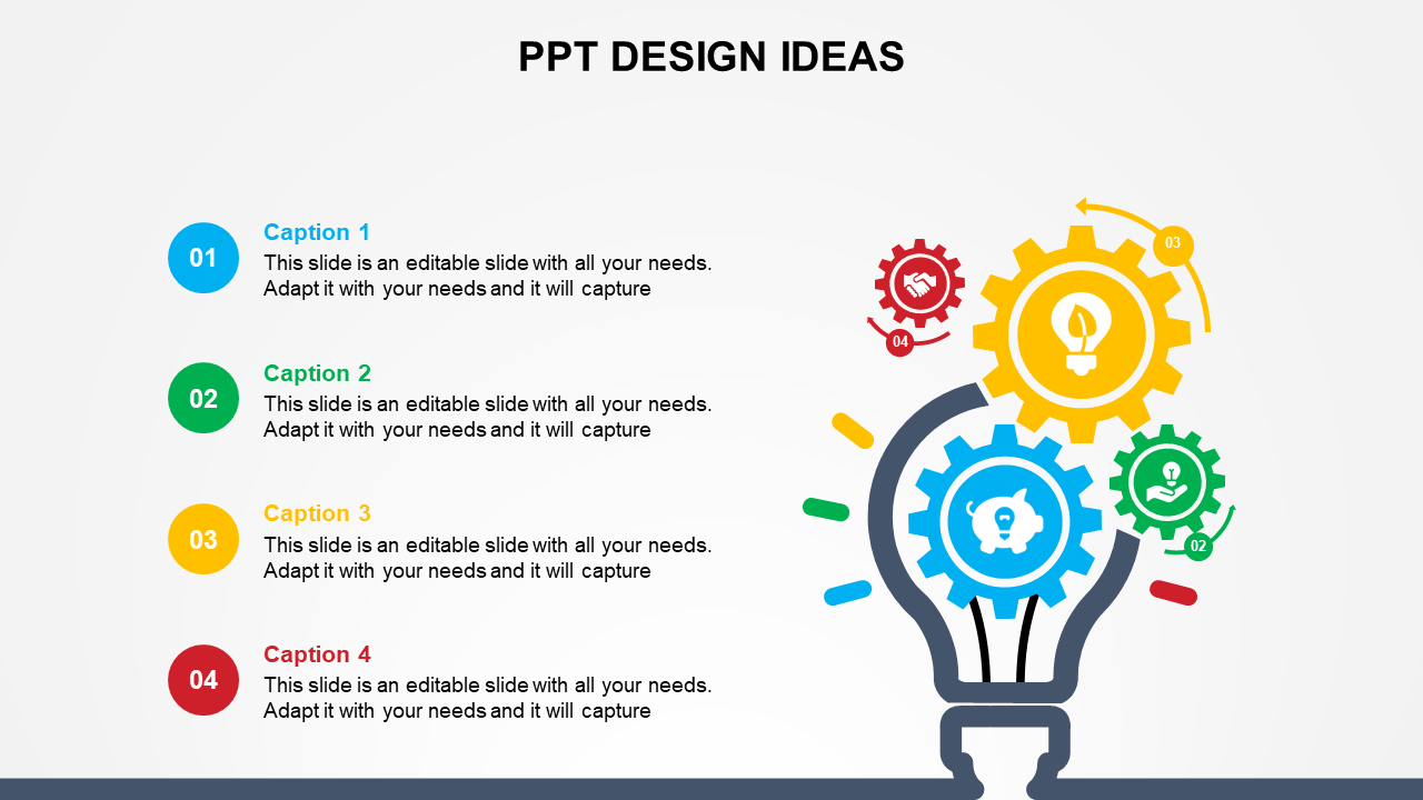 The slide shows four colorful numbered captions areas and gear icons forming a lightbulb shape on a white background.