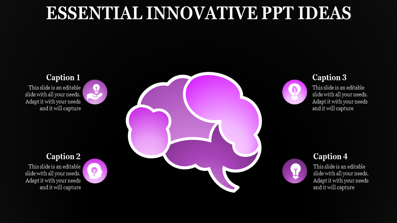 Innovative PowerPoint ideas with a purple brain graphic representing creative thinking and lightbulb icons.