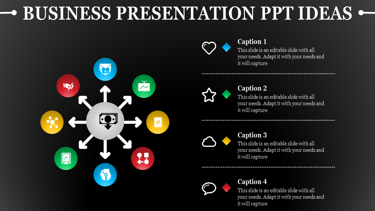 Business PowerPoint template with colorful icons representing various business concepts with captions on a dark background.