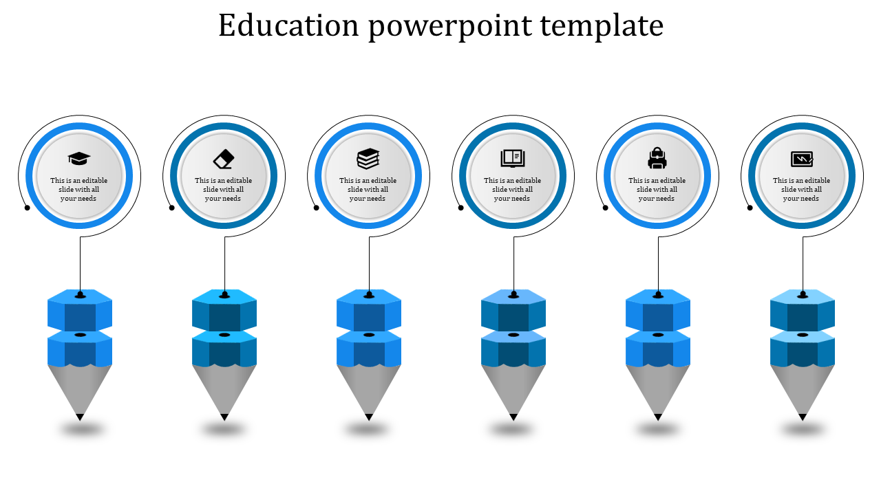 Blue themed pencil infographic PPT slide with education icons for graduation, file, books, notebook, laptop, and web.