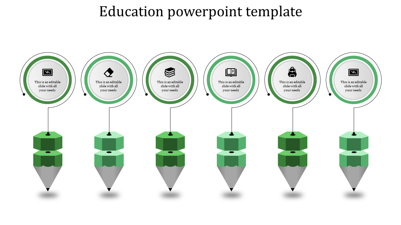 Slide featuring six hanging pencil shapes in green tones, each linked to a circular icon with text placeholders above.