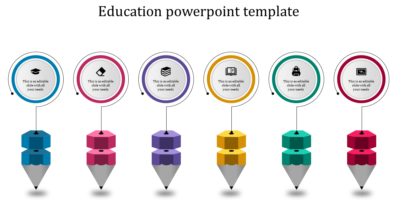 Education themed PowerPoint template with five colorful pencil shaped icons each connected to circular text areas.