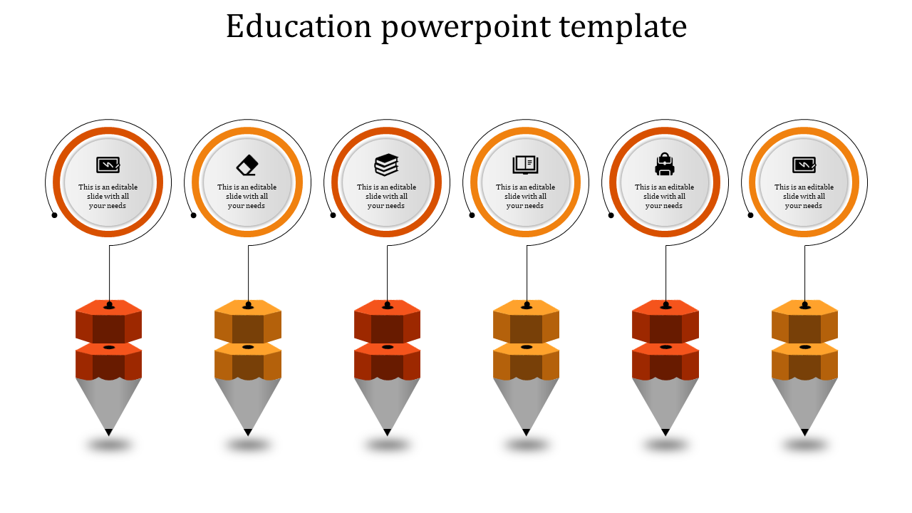 Orange and gray layout showing six circular icons linked to pencil like elements, symbolizing education milestones.