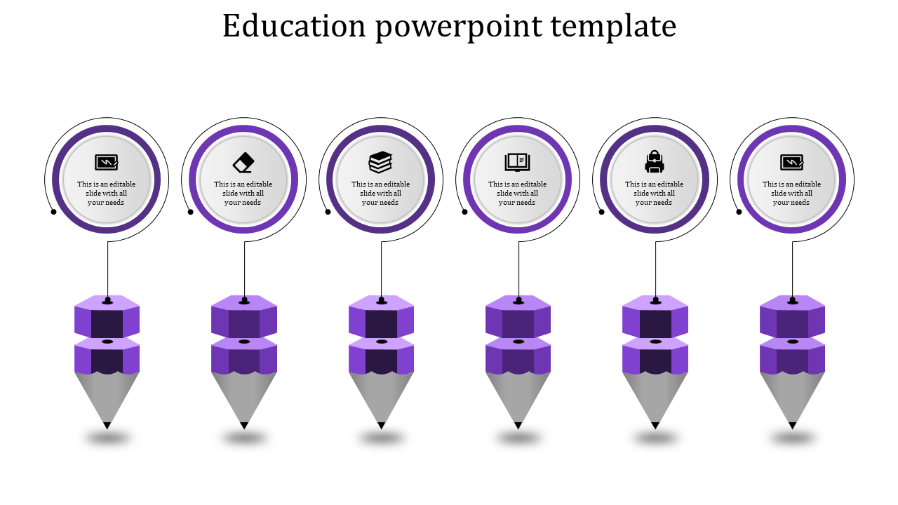 Purple themed education PowerPoint template with six pencil models each connected with circles and placeholder text.