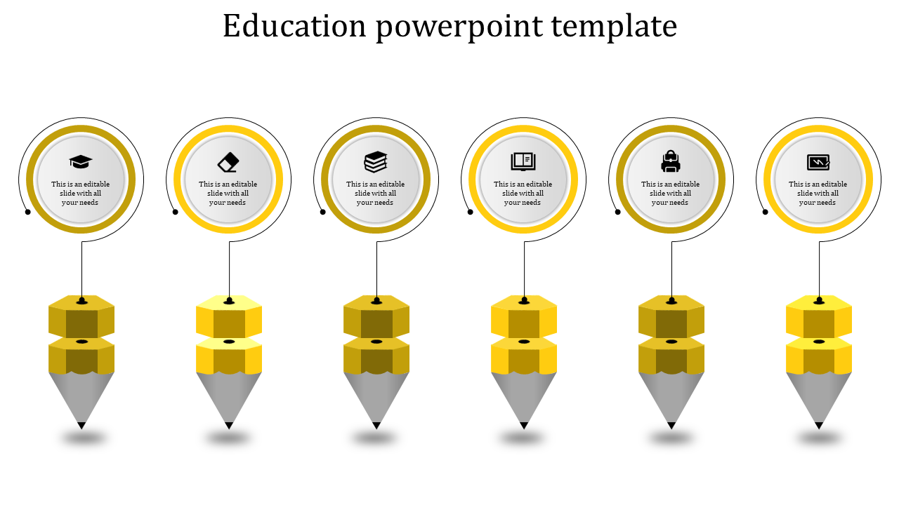 Education slide with six circular icons connected to yellow pencil designs, featuring captions.