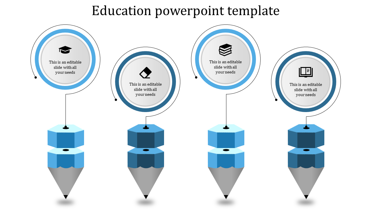 Educational themed diagram featuring four stacked pencils in blue, connected to circular sections with academic icons.