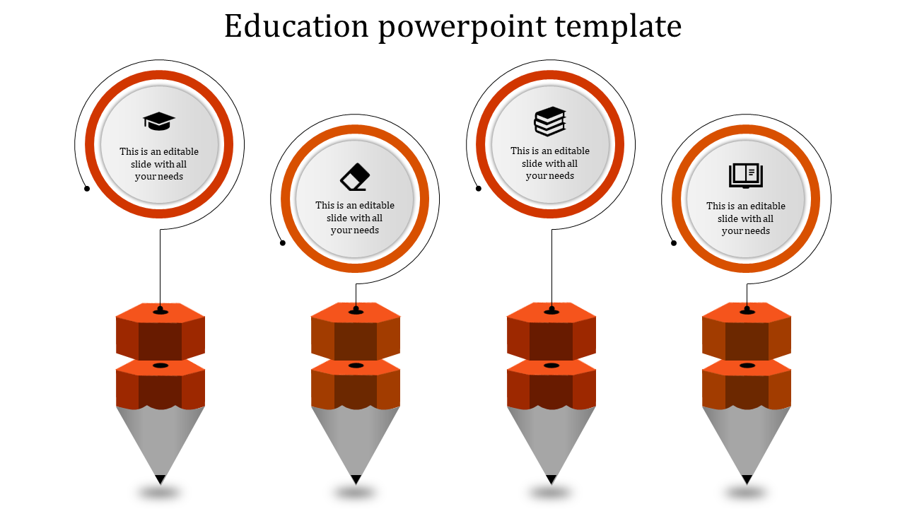 Four pencil shaped designs with orange tops, connected to circular frames, showcasing educational icons in a linear format.