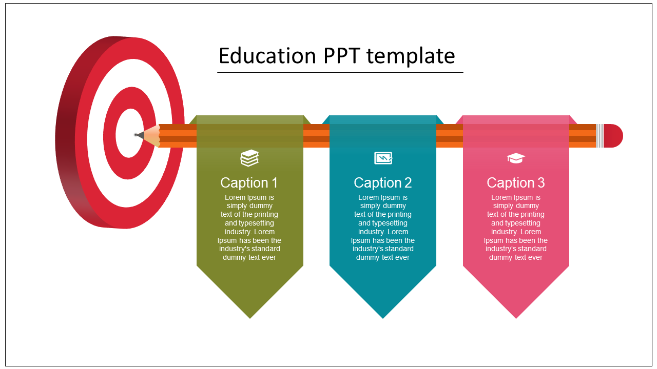 Education-themed graphic showing a target and pencil with three hanging banners, each with an icon and text.