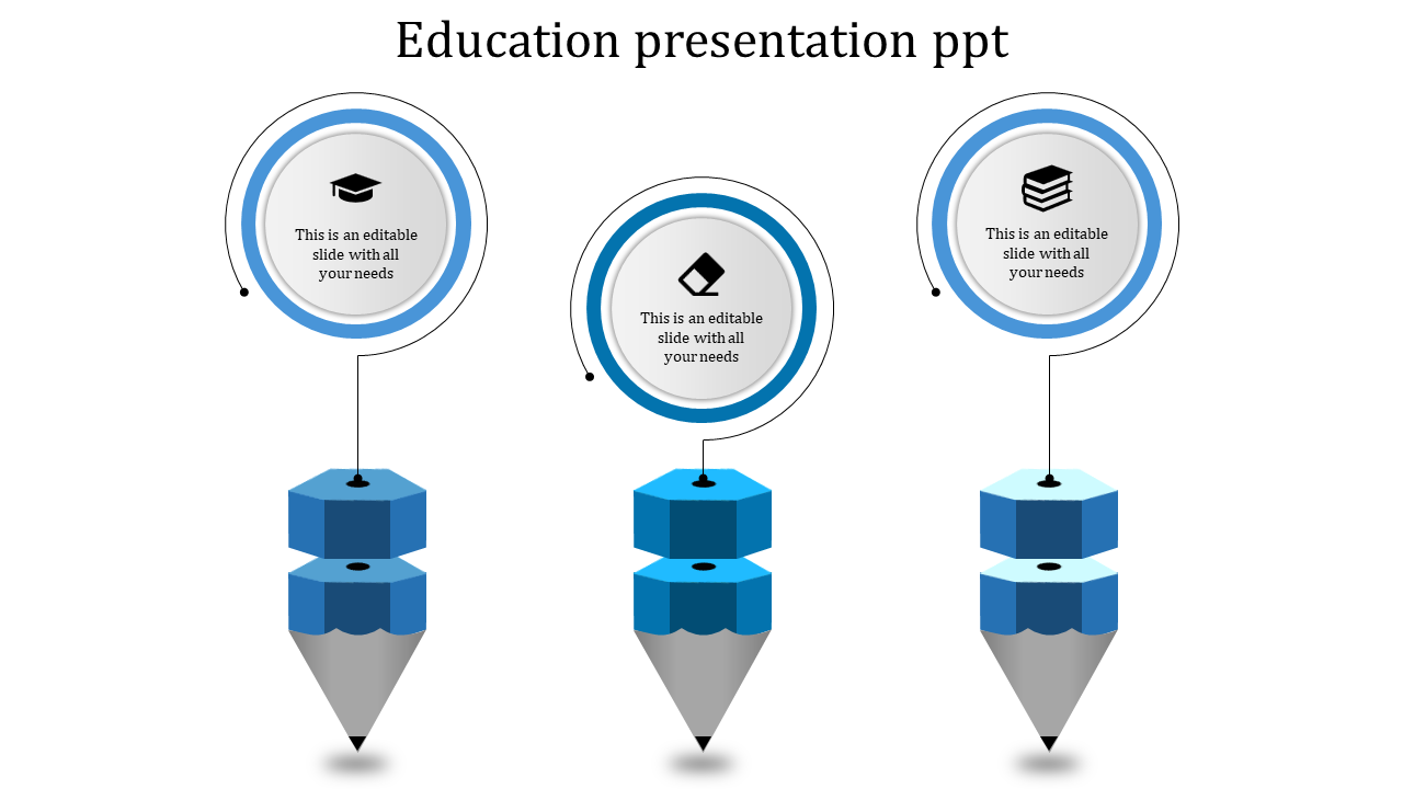 Creative education template with three blue pencils supporting circular infographic elements and academic icons.