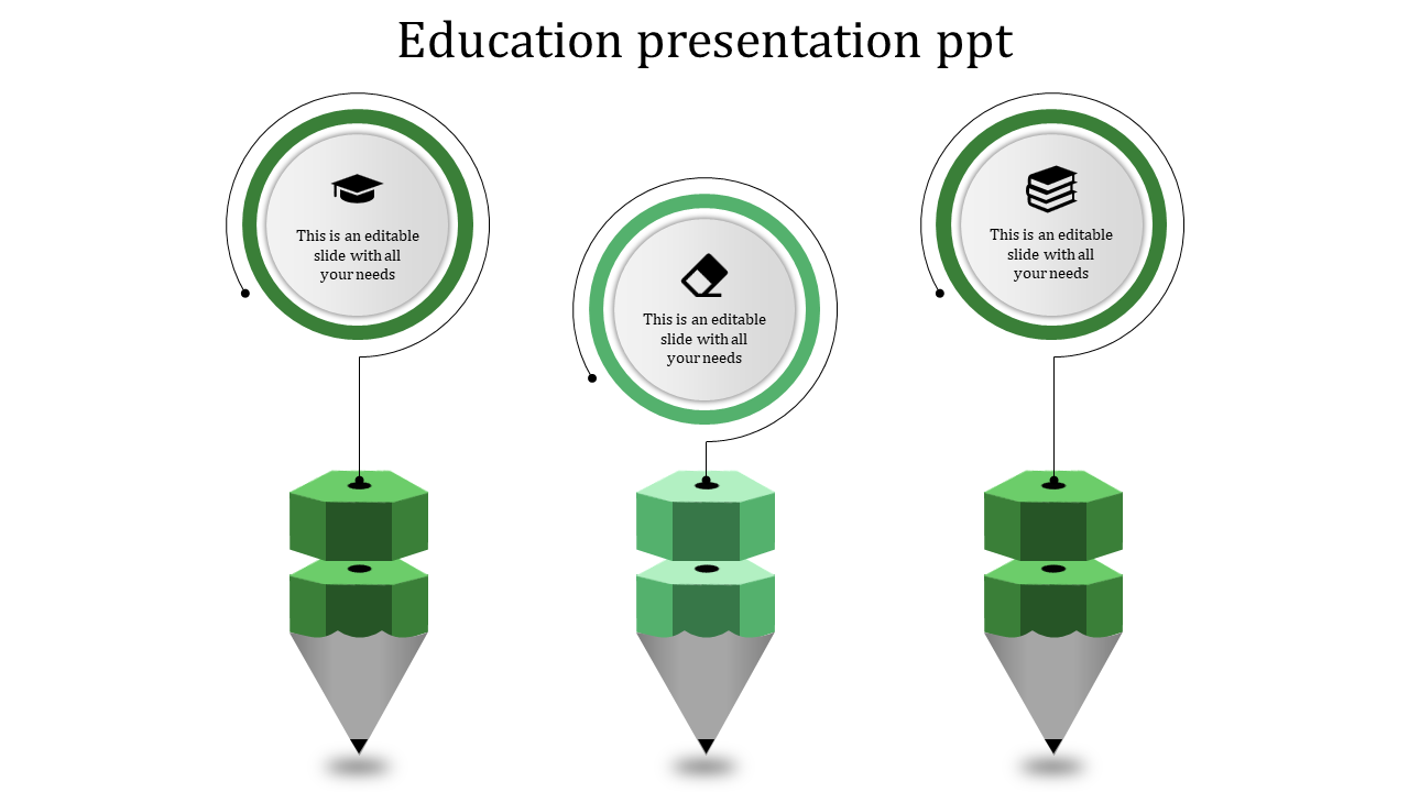 Education pencil infographic PPT slide featuring green icons of a graduation cap, a file, and books with placeholder text.