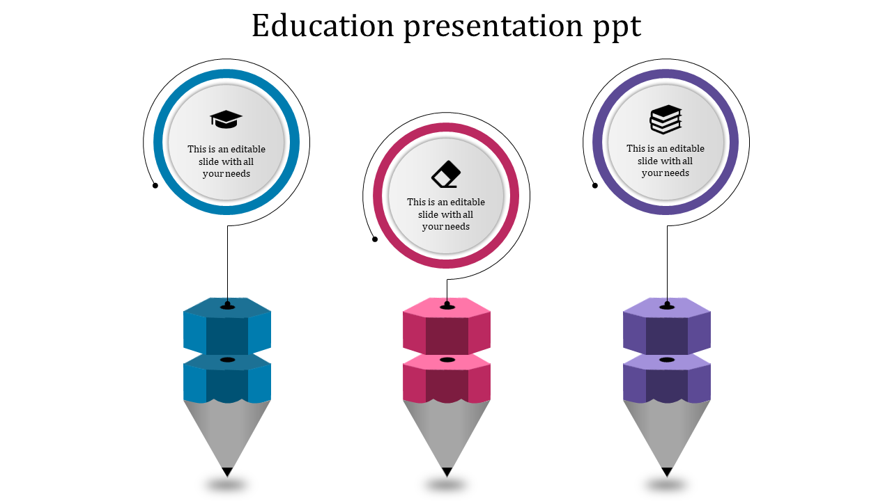 Educational themed diagram featuring three vertically stacked pencils in different colors, connected to circular sections. 