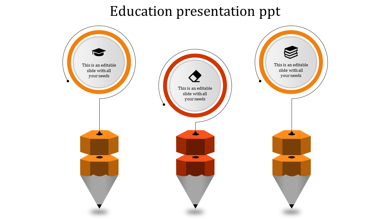 Education themed slide showing three pencils in orange, linked to circular frames with icons on a white background.