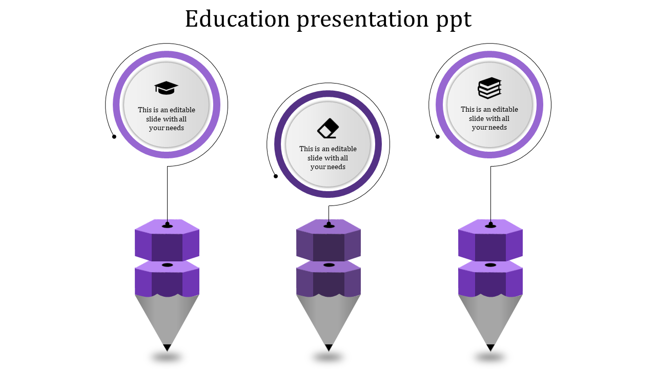 Education pencil infographic PPT slide featuring purple icons of a graduation cap, a file, and books with placeholder text.